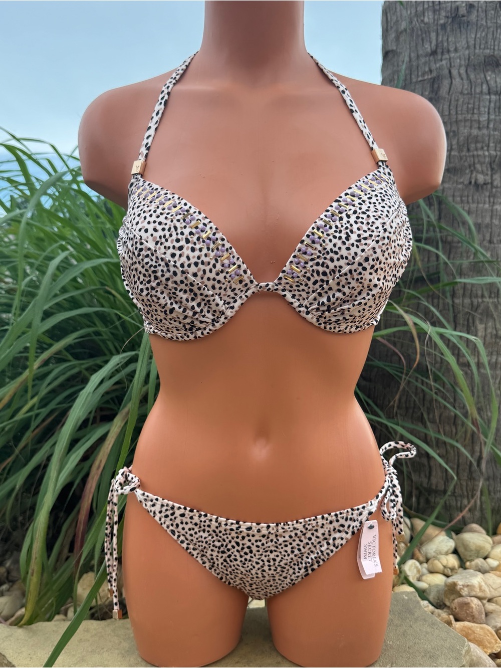 Victoria's Secret Bedazzled Animal Print Tease Halter & Skimpy String Bottom